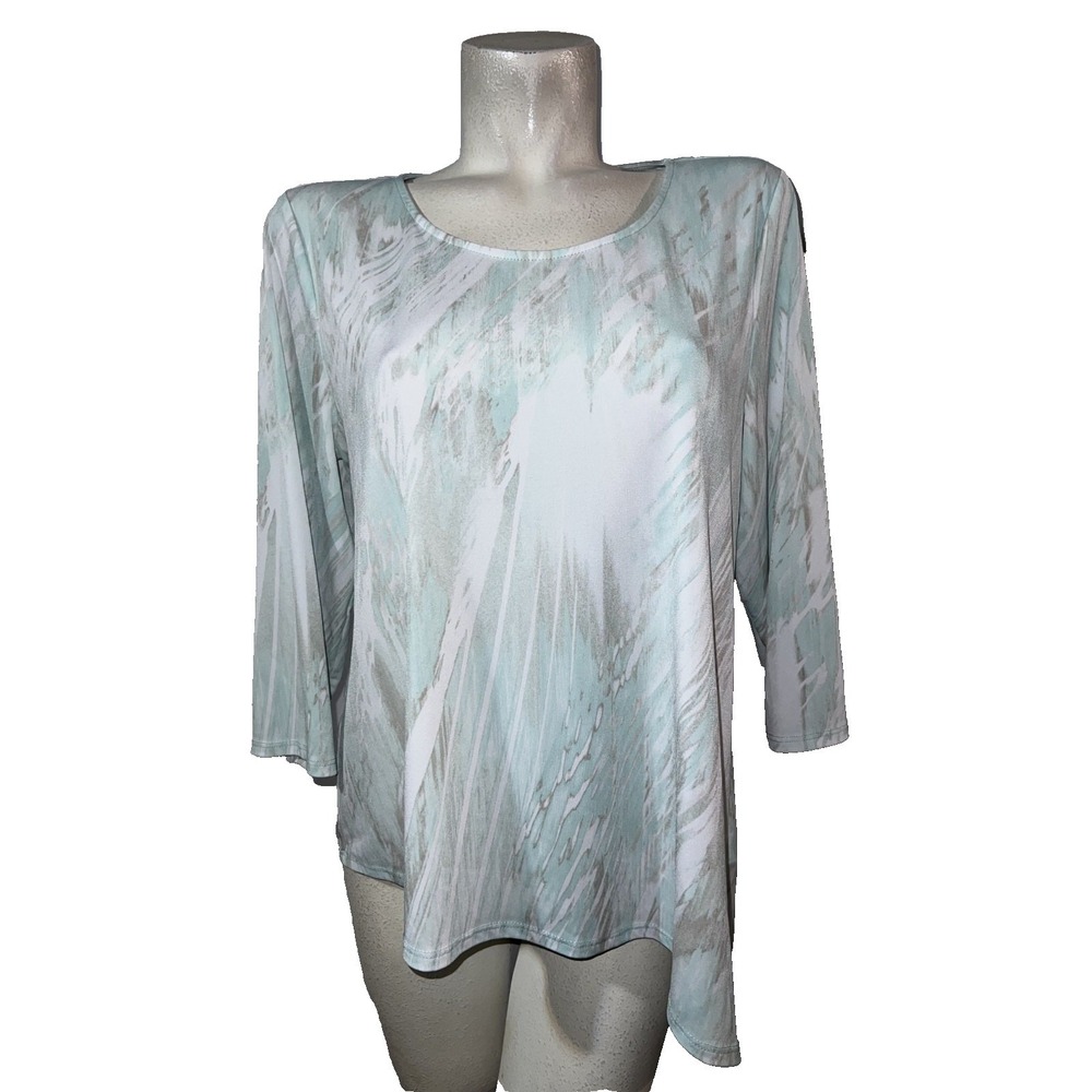 Chicos Womens Size 2 Large Mint Green Abstract Asymmetrical Sharkbite Tunic Top
